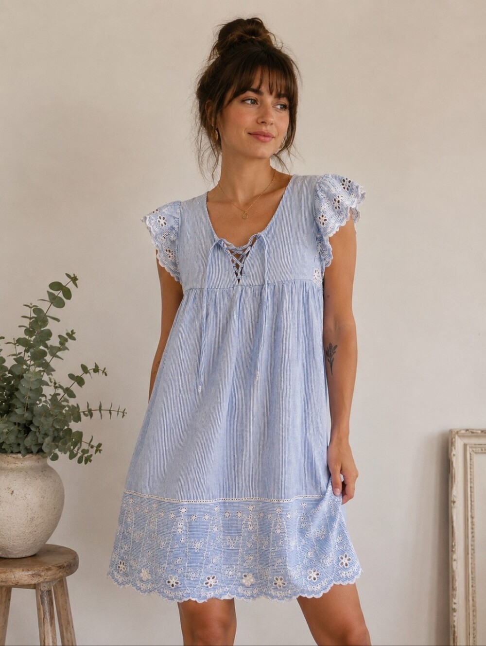 Old Navy Light Blue Eyelet-Trim Midi Dress